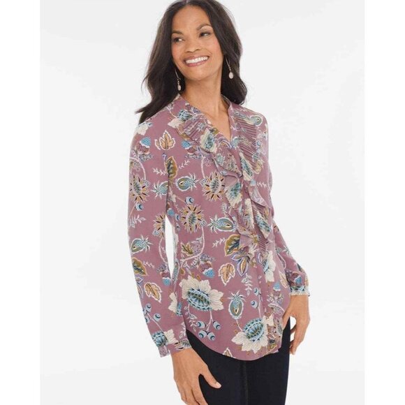 Chico’s Jacobean Bouquet Pleated Ruffle Long Sleeve Blouse Size 2/ US L - Picture 1 of 11